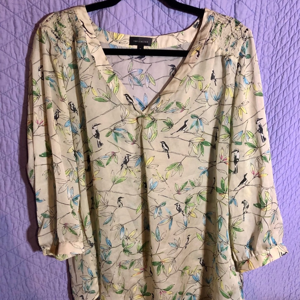 The Limited Sheer 3/4 Length Sleeve, V Neck Blouse With Bird Print Size XL